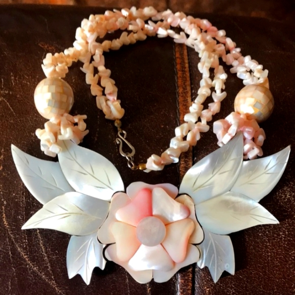 Stunning Large Shimmery Layered Pink Flower Necklace Double Strand